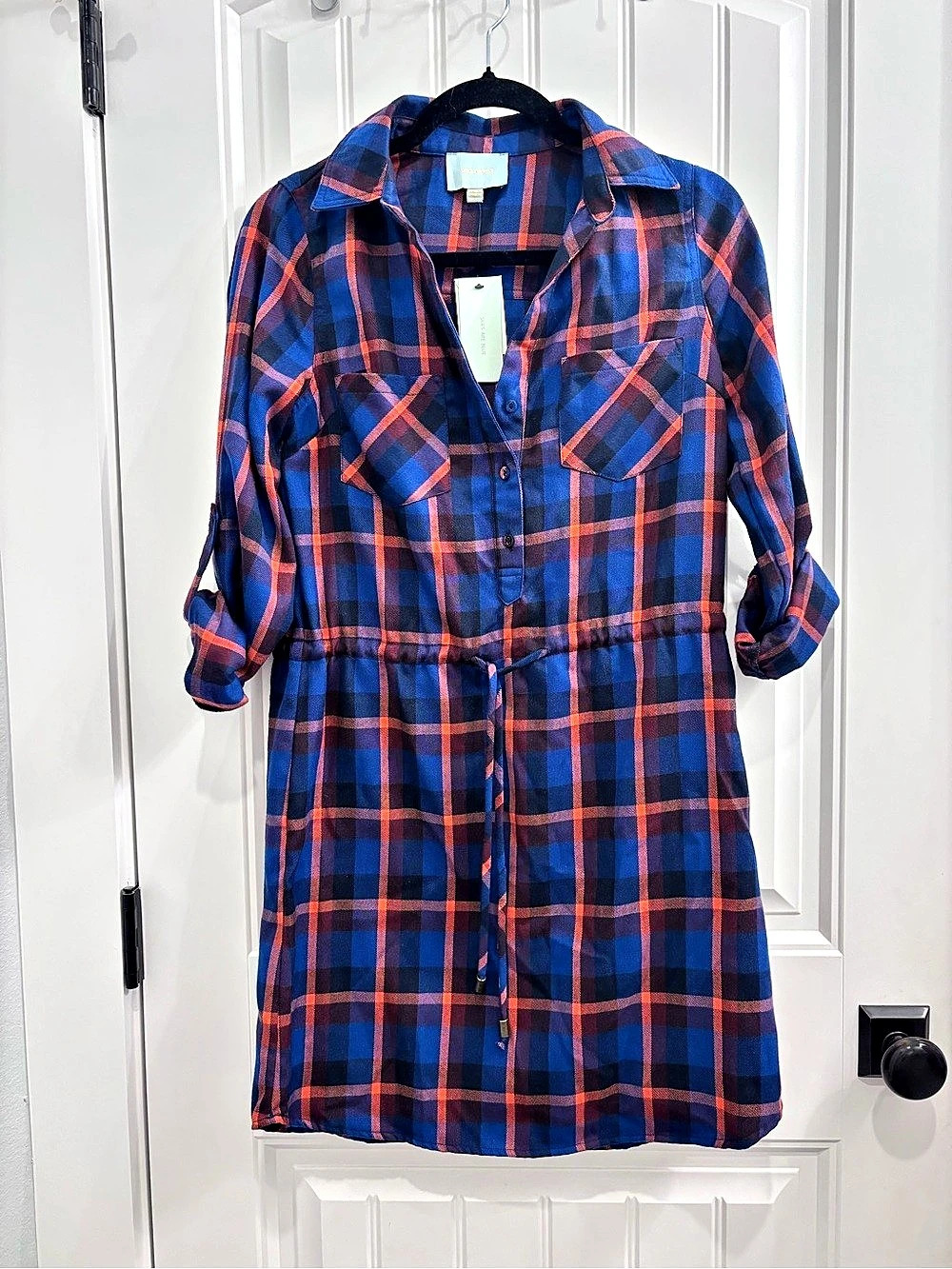Skies Are Blue Plaid Cotton Flannel Button-Up Shirt Dress Mini Dress Blue Orange